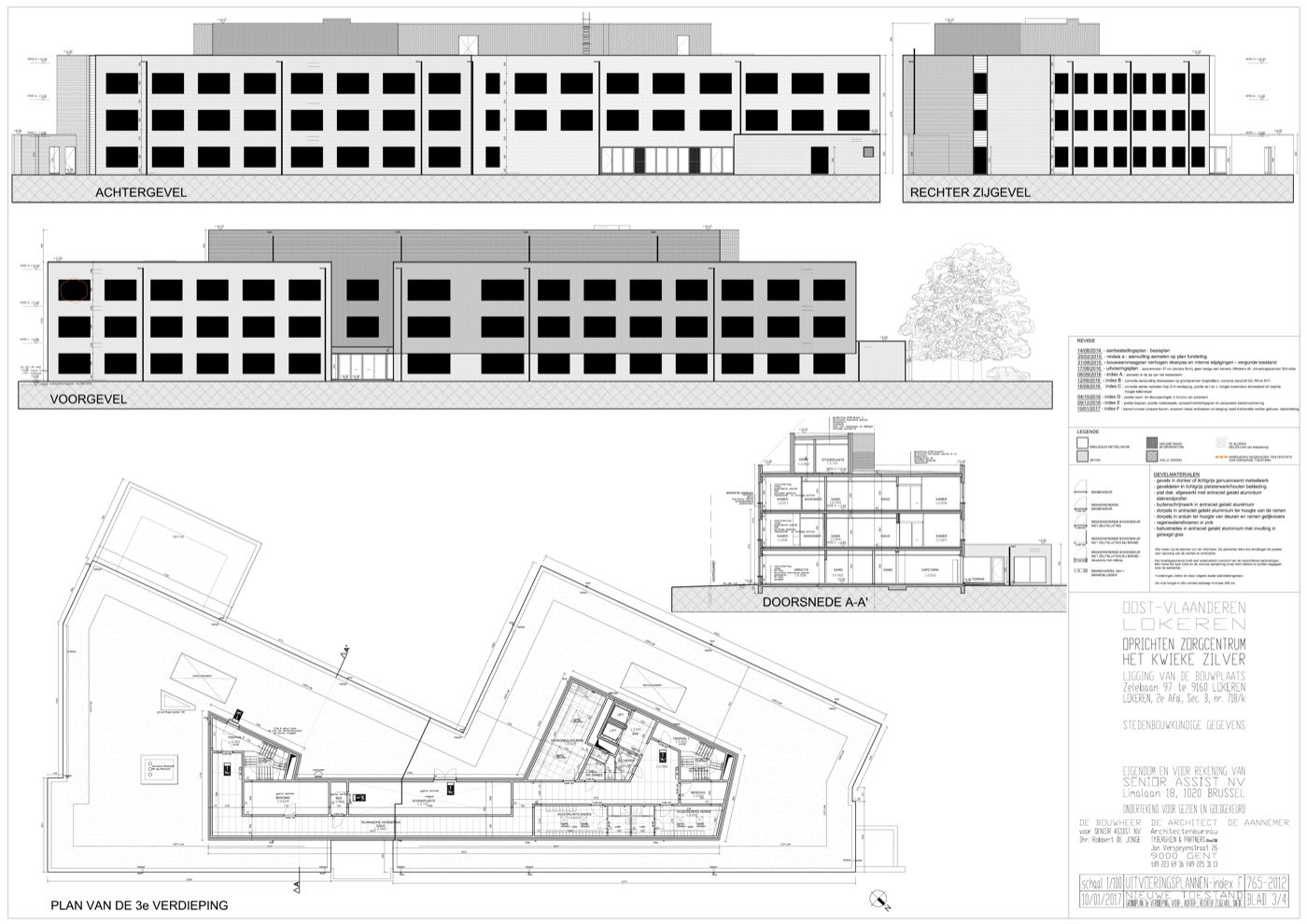 Grondplan 3de verdieping en gevel Ter Lokeren